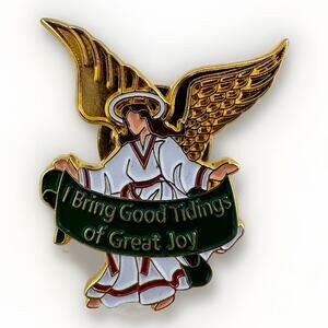 1”x.75” Gold Tone Enamel I Bring Good Tidings If Great Joy Angel Christmas Pin